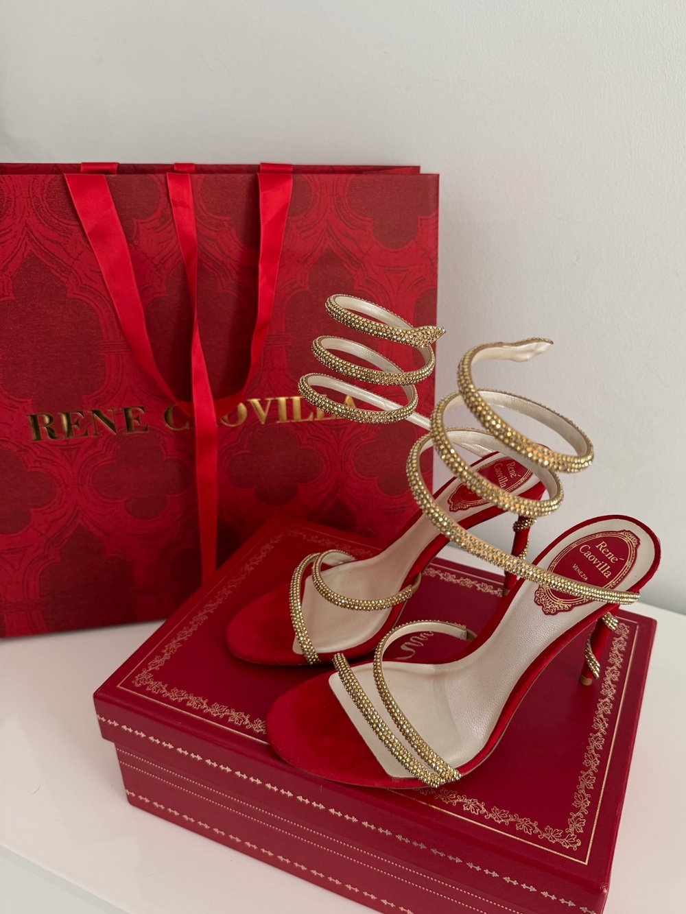 Rene Caovilla Red Suede Heels with Gold Crystal Spiral Straps - Picture 6 of 6